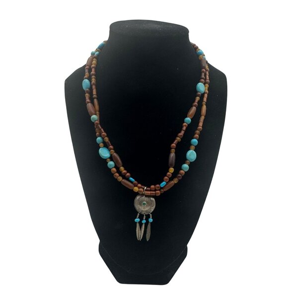 Multi-Layered Wooden & Turquoise Beaded Necklace W/ Silver Tone Pendant - Picture 1 of 4